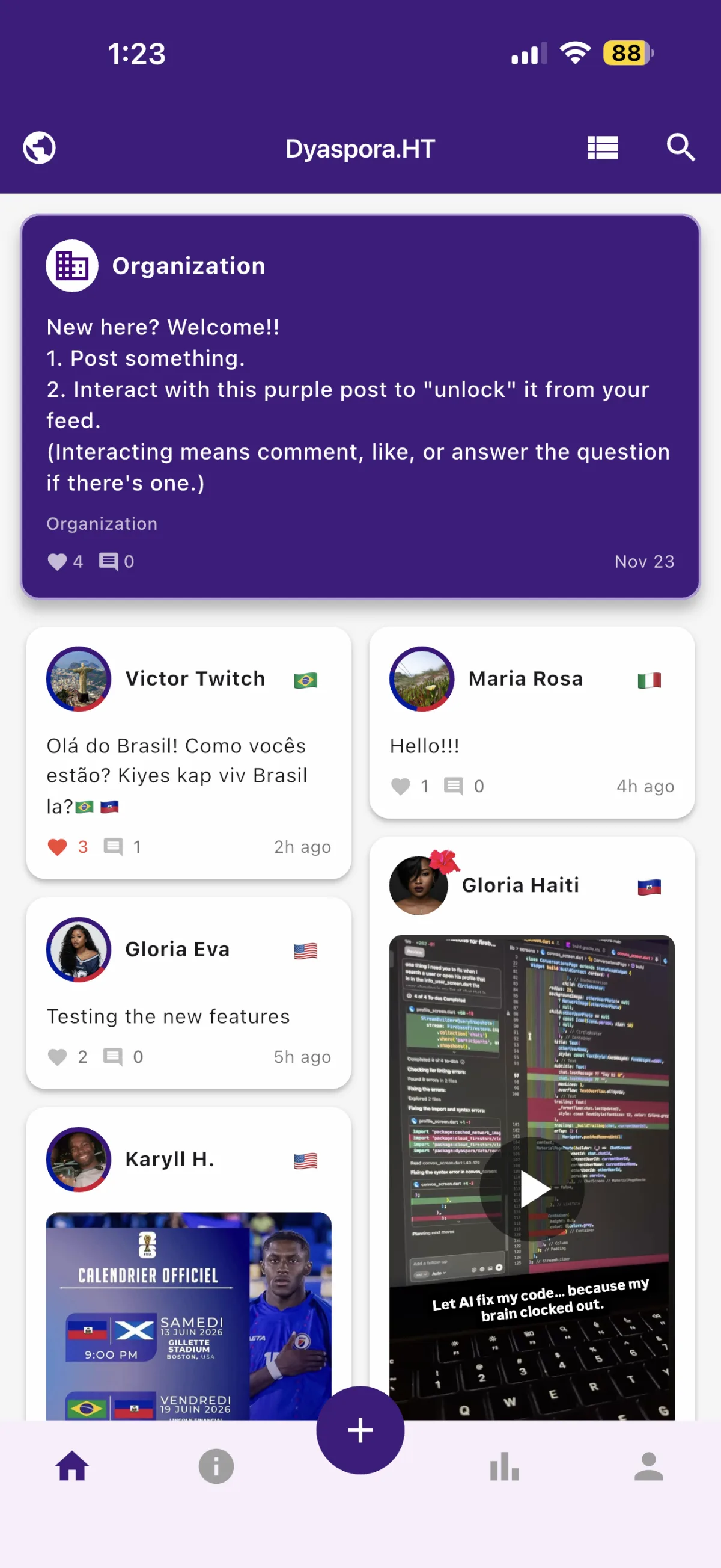 Dyaspora.ht community feed with posts from members around the world